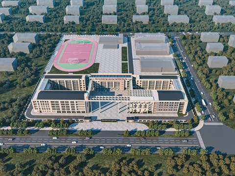  现代学校 高中 初中 小学 学校鸟瞰3d模型 