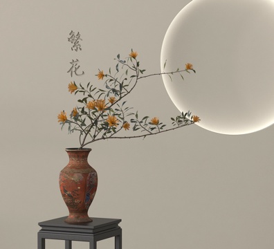  花瓶花艺 花瓶花艺 陶罐花艺 干枝花艺3d模型 