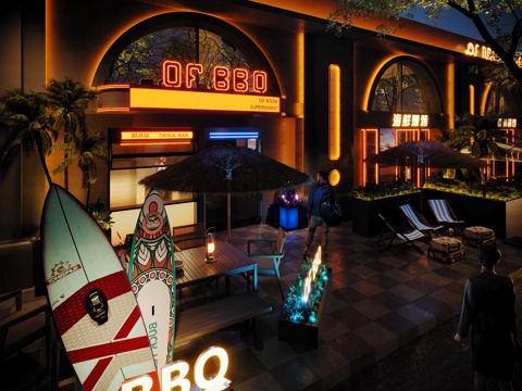  海鲜餐吧外摆区 酒吧外摆 餐饮外摆 露营风3d模型 