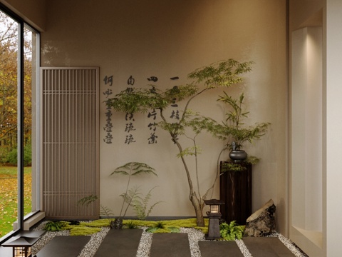  新中式室内景观 茶馆入门景观 景观小品 室内景观造景 植物堆su模型 