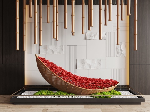  现代室内景观造景 苔藓景观 景观小品 藤编装置 艺术装置su模型 