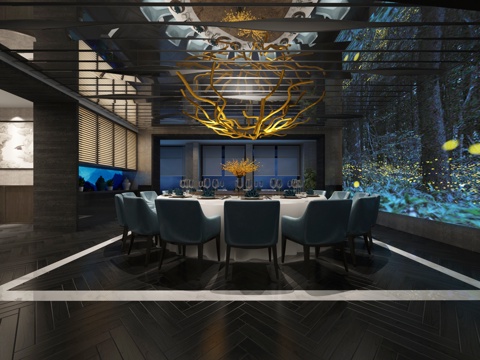  现代酒店宴会厅 圆桌椅 吊灯 简约水晶吊灯组合3d模型 