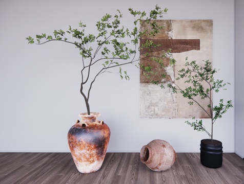  侘寂风花瓶花艺陶罐摆件组合su模型 