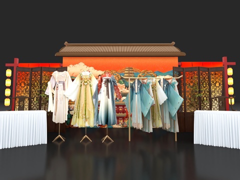  唐装汉服古装 换装区汉服店 中式舞台美陈 屏风灯笼背景墙su模型 