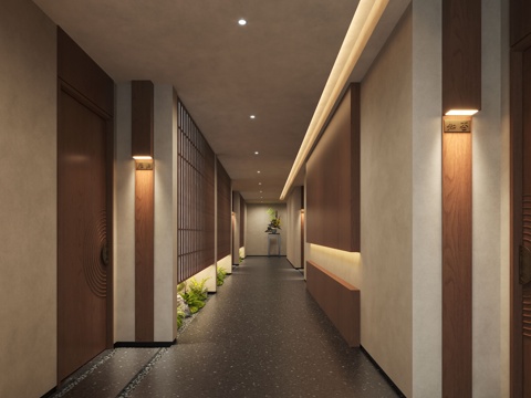  新中式茶室过道 会所走廊 过道景观 走廊景观 室内造景3d模型 