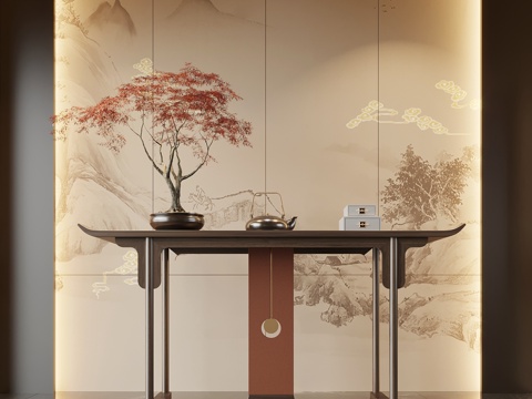 玄关 新中式玄关 端景柜 玄关柜 盆栽盆景 摆件3d模型 