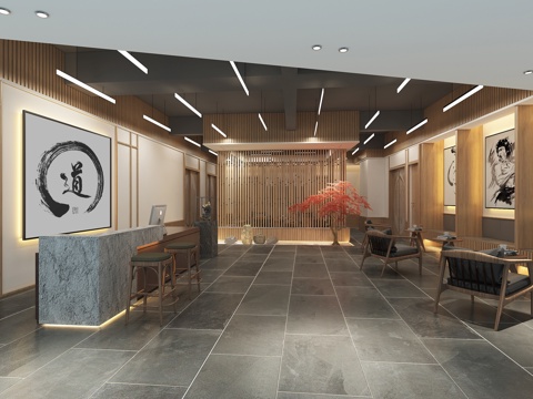 日式空手道培训 吧台 椅子 线条灯3d模型 