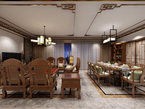  新中式现代中式客厅餐厅模型3d模型 