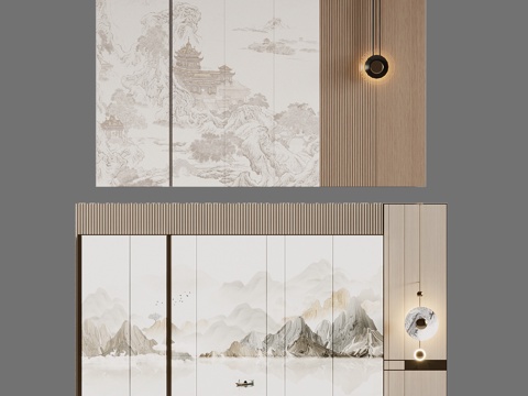  背景墙 新中式背景墙 床头背景墙su模型 