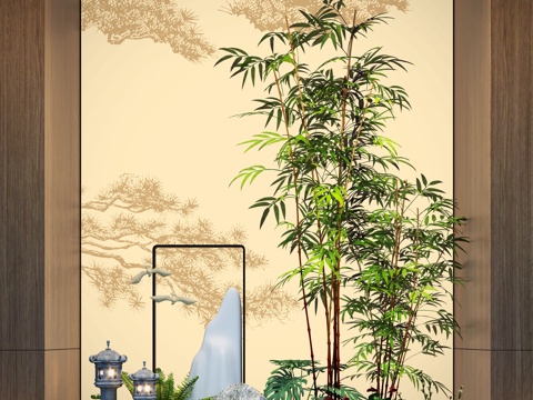  新中式室内景观造景 苔藓景观 景观小品 竹子su模型 