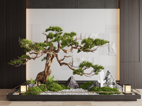  现代室内景观造景 苔藓景观 景观小品  迎客松 松树su模型 