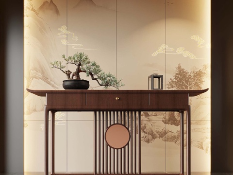  新中式玄关 端景柜 玄关柜 盆栽盆景 摆件su模型 