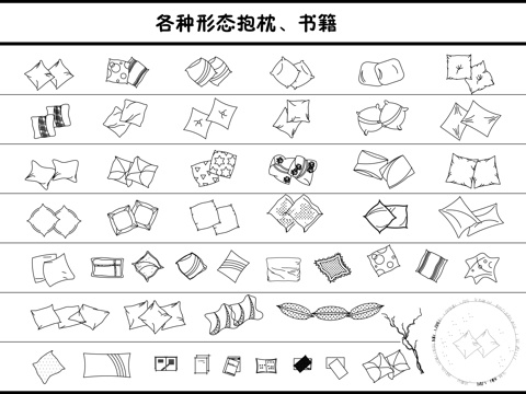  各种形态抱枕、书籍cad施工图 