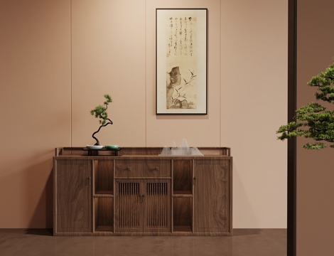  新中式茶柜 茶水柜 装饰画 摆件su模型 
