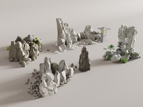  假山水景 新中式假山景观 石头 庭院景观 园林景观3d模型 