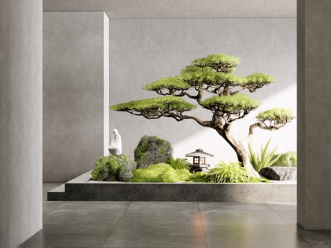  新中式室内景观造景 庭院小品 苔藓石头 迎客松 植物造景3d模型 