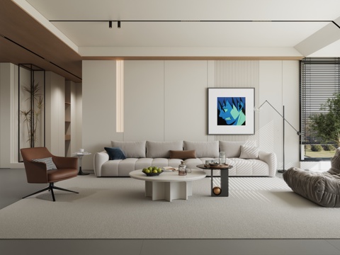  现代简约极简原木客厅3d模型 