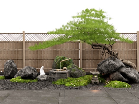 新中式景观石头 庭院小品 水钵 景观造景 迎客松 苔藓su模型 