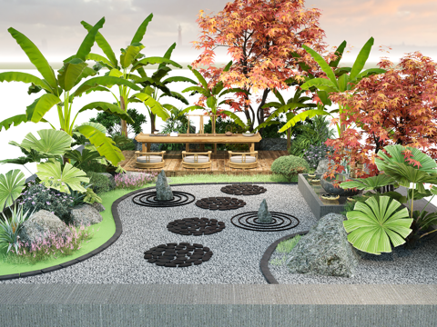  新中式庭院景观小品 景观石头 水砵汀步 植物su模型 
