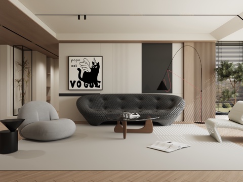  现代简约极简原木客厅3d模型 