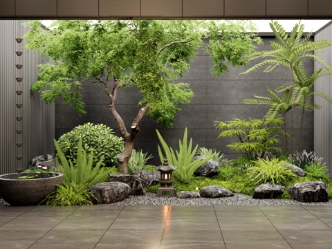  现代室内景观造景 天井景观 庭院小品 景观石头 植物组合3d模型 