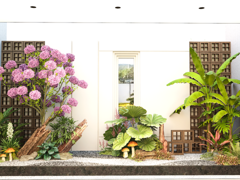  现代室内植物组合 植物堆 花镜 庭院小品 植物景观造景su模型 