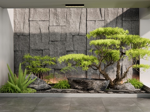  現(xiàn)代室內(nèi)植物造景 庭院小品 天井景觀 石頭 植物組合 花草3d模型 