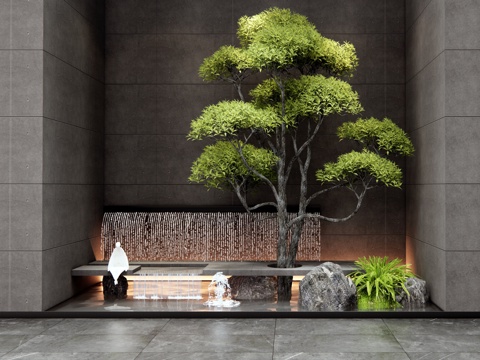  现代室内水景 跌水景观 室内植物造景 石头 景观树 乔木3d模型 