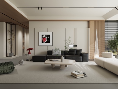  现代简约极简原木客厅3d模型 