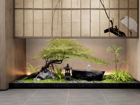  新中式室內(nèi)景觀造景 天井室內(nèi)景觀 水缽 迎客松 石頭 庭院小3d模型 