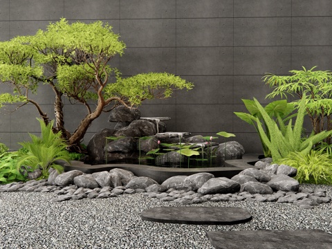  现代假山水景 叠水景观 石头 植物组合 植物堆 庭院小品3d模型 