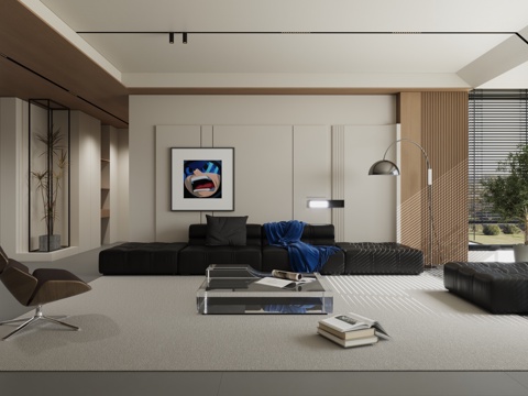  现代简约极简原木客厅3d模型 