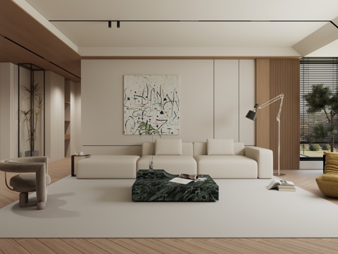  现代简约极简原木客厅3d模型 