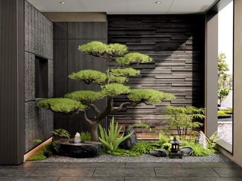  新中式室内景观 植物造景 庭院小品 植物组合 水钵 花草su模型 