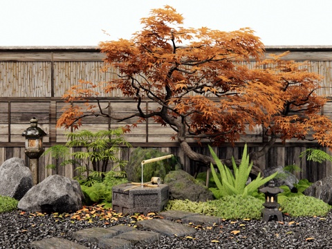  日式庭院小品 水钵 石头 汀步 红枫 植物造景 苔藓 微景观su模型 