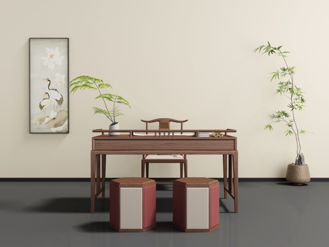  新中式书桌椅3d模型 