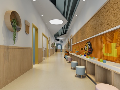  现代幼儿园走廊 过道区角 走廊区角3d模型 