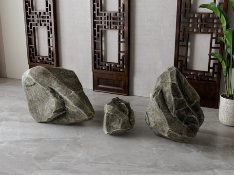  新中式石头假山摆件su模型 