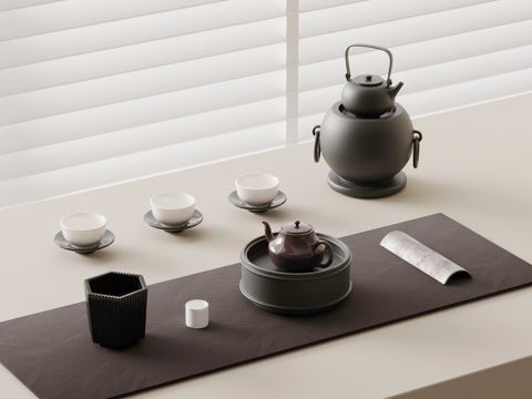  新中式茶具 茶壶 茶杯su模型 