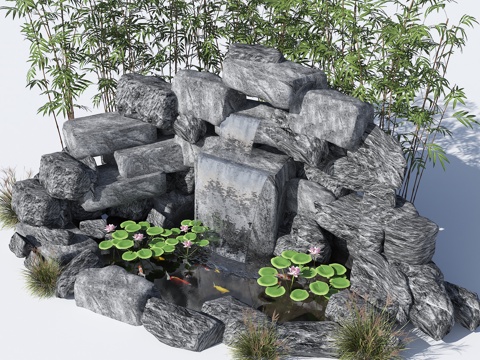  现代生态鱼池 水池 荷花池 观赏锦鲤池 假山叠水 跌水水景3d模型 