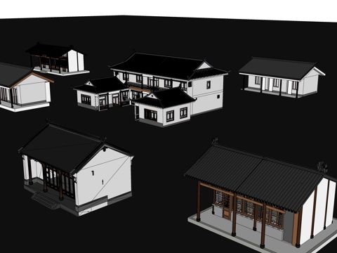  新中式住宅 新中式四合院 新中式农家院su模型 