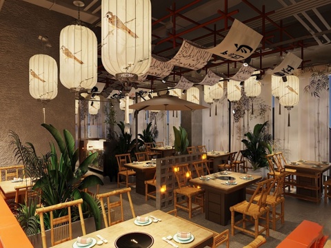  新中式火锅店 餐馆 饭店 餐桌椅su模型 