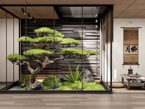  新中式室内景观 庭院小品 植物造景 茶室 茶台 苔藓石头3d模型 