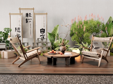  现代户外桌椅 休闲椅 植物组合 植物堆 露营美陈 躺椅su模型 