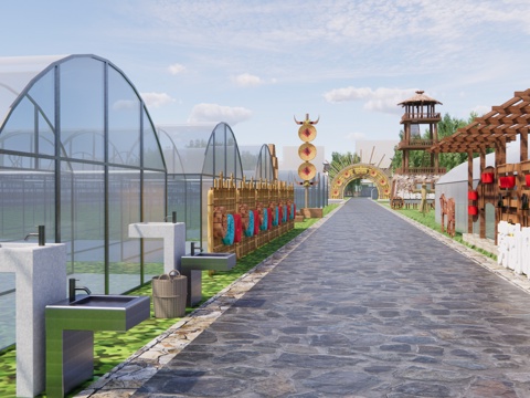  现代大棚研学基地 蔬菜种植基地 蔬菜研学营地 劳动教育基地su模型 