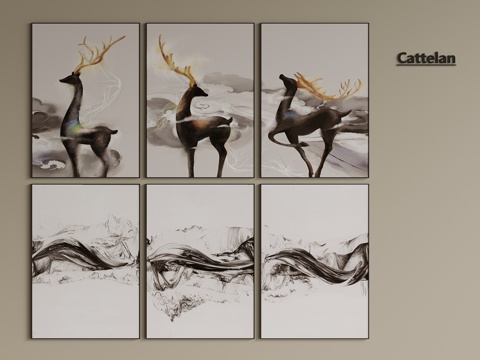  轻奢 侘寂 装饰画 组合 挂画 抽象挂画 卧室挂画 玄3d模型 