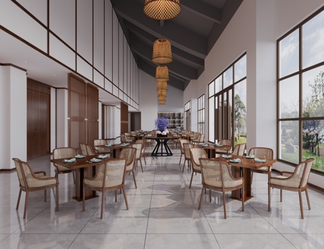 新中式酒店餐厅，新中式散座区3d模型 