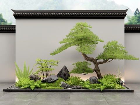  新中式庭院小品 植物造景 植物组合 植物堆 苔藓 景观石头3d模型 