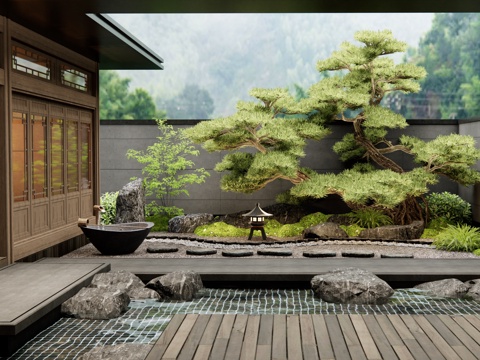 中式庭院景观 植物造景 景观石头 水景 迎客松 庭院小品su模型 