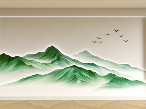  新中式山水背景墙 客厅背景墙 沙发背景墙 山水线条背景墙 波3d模型 